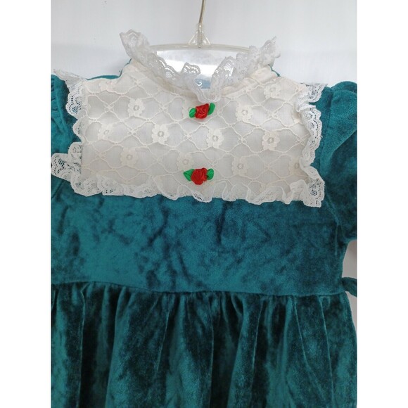 Vintage Precious Originals Girl Pinafore Long Sleeve Dress Green Lace Size 3T - Picture 2 of 8